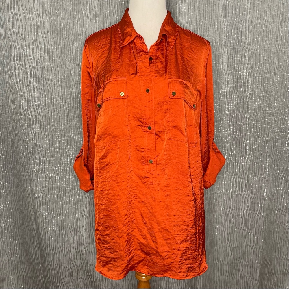Michael Kors crinkle satin roll tab camp shirt